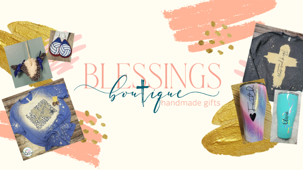 picture of blessings boutique logo and handmade cup and tshirt.