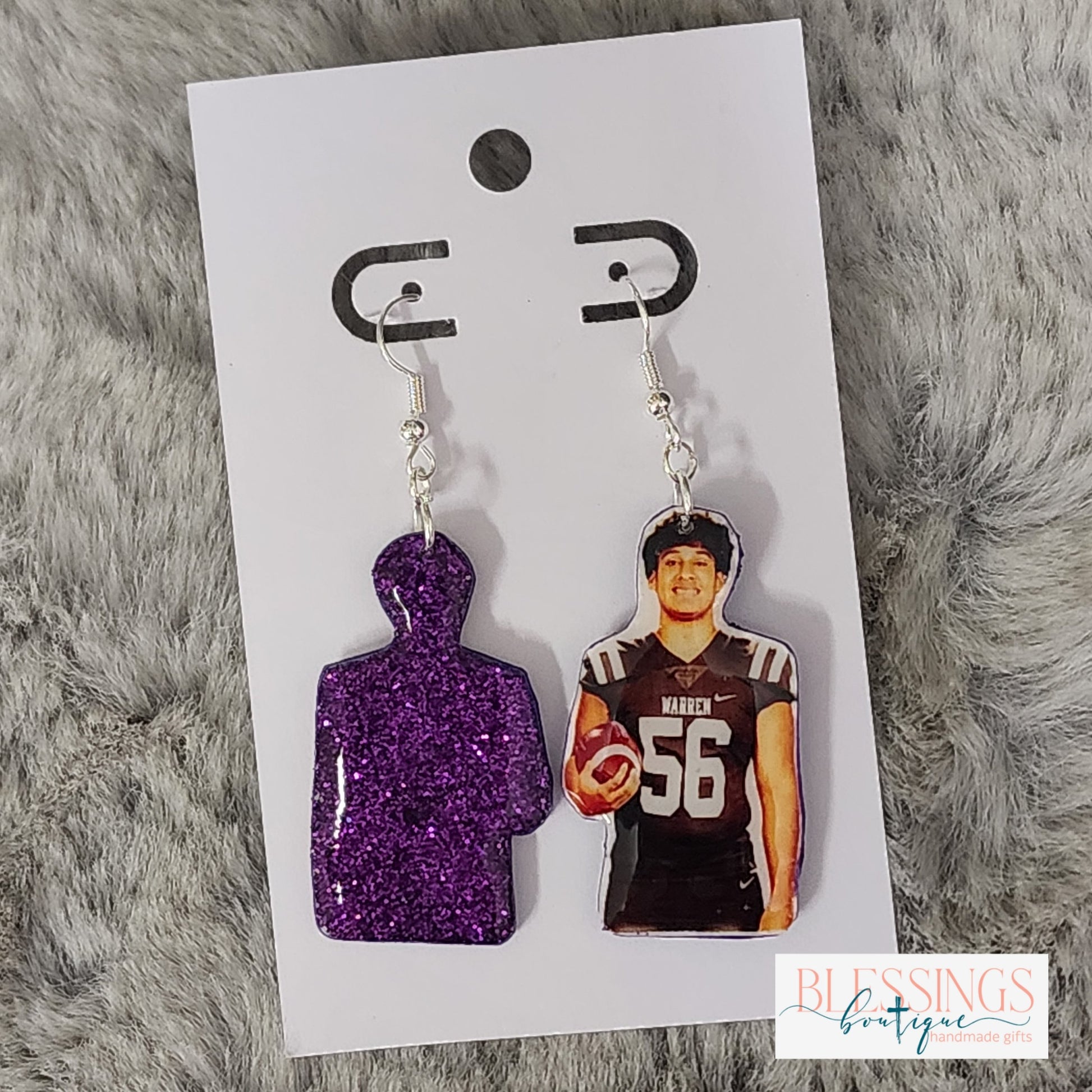 custom photos earrings with glitter backside and photo of football player